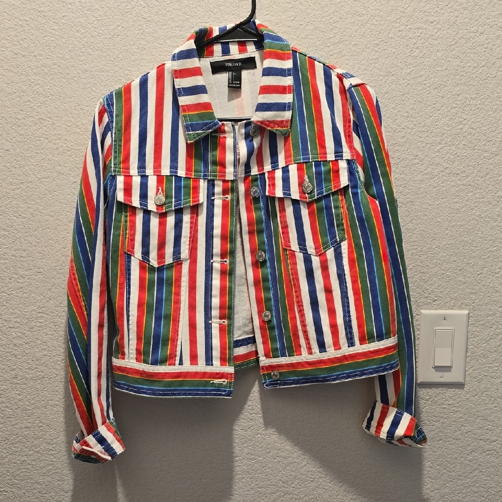 Forever 21 Rainbow Stripe Cropped Denim Jacket Kidcore Retro Aesthetic Small